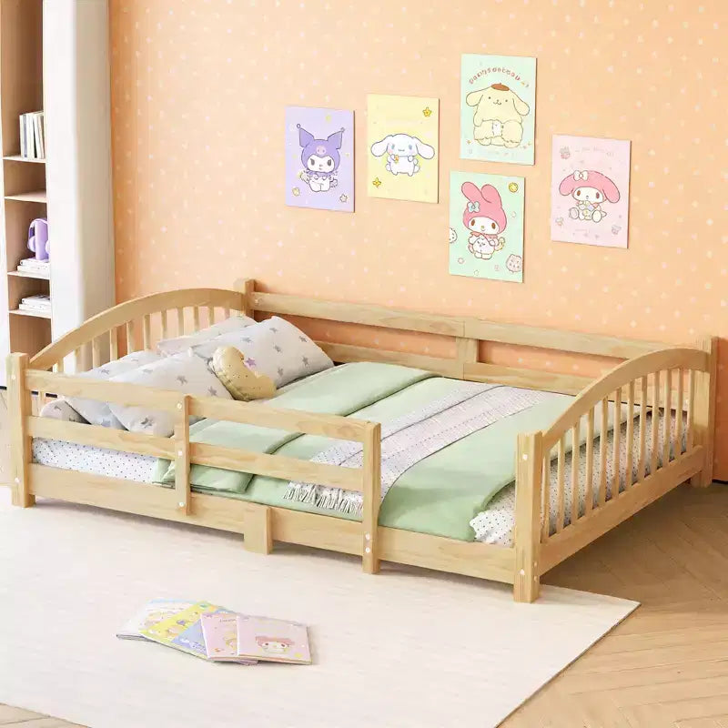 Lit Montessori bas Luxystar, taille grand lit, avec barrières de sécurité et tête de lit