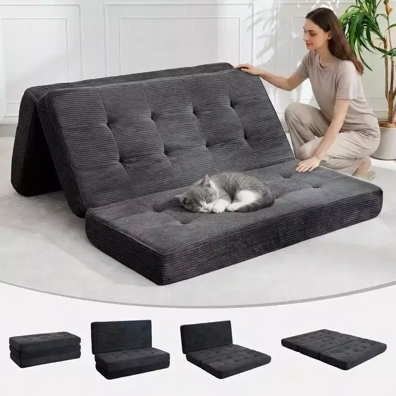 Składany materac SunnyFurn o grubości 6 Inch, rozkładana sofa 3-częściowa, piankowe łóżko dla gości 75X54.3 z prążkowanego sztruksu, przenośne na kemping, do salonu i sypialni