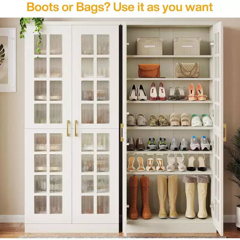 Meuble à chaussures haut Lantine avec portes, meuble de rangement à chaussures à 8 niveaux avec étagères réglables, meuble à chaussures moderne pour entrée, placard et salon, blanc