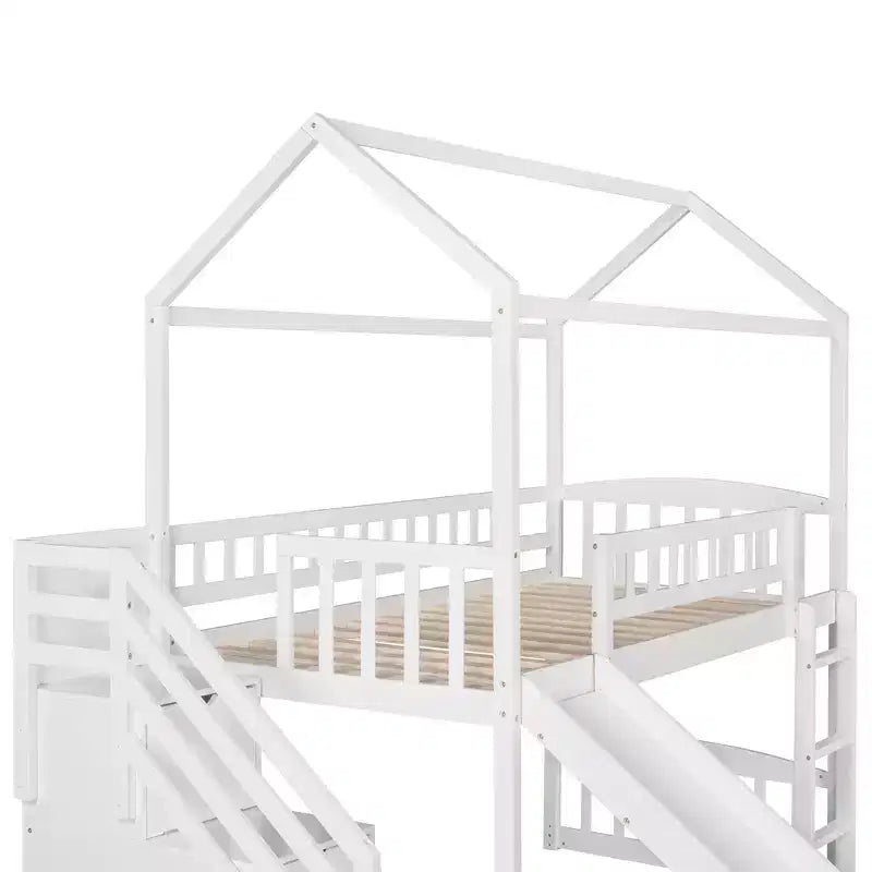 Hochbett in Hausform für Einzelbetten mit Rutsche und Treppe, Hochbett mit Schubladen, Holzhütten-Hochbett für Kinder und Kleinkinder