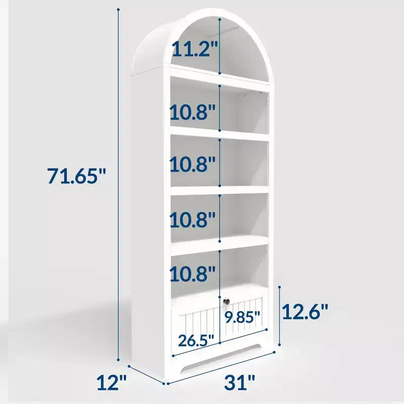 Boogvormige boekenkast van 72 met opberglade, moderne houten vitrinekast met 6 niveaus, open planken, onderste lade en gebogen kastdeur