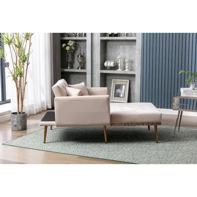 Gepolsterter Samt-Schlafsessel mit Knopfheftung fürs Wohnzimmer und roségoldenen Füßen