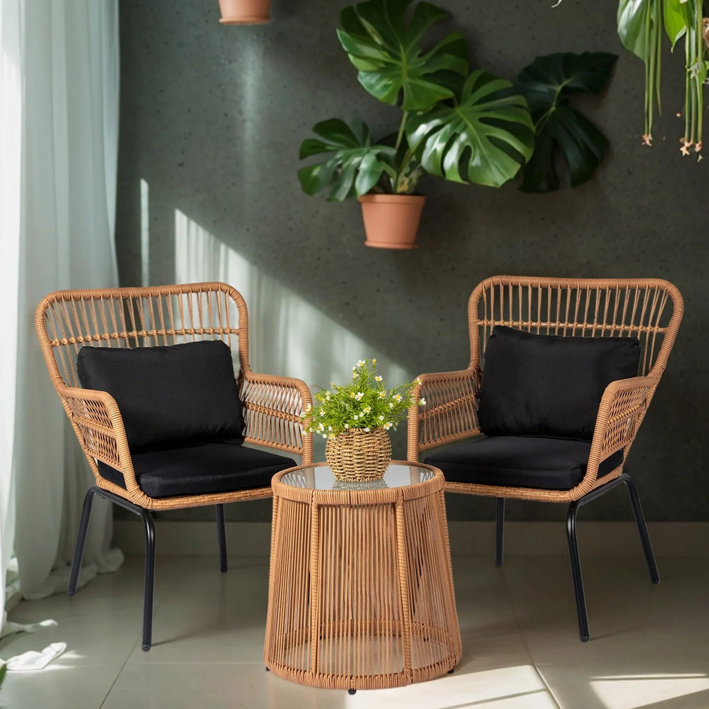 3-delige bistroset van tuinmeubelen van riet, weerbestendige rotanset met tuinstoelen en kussens
