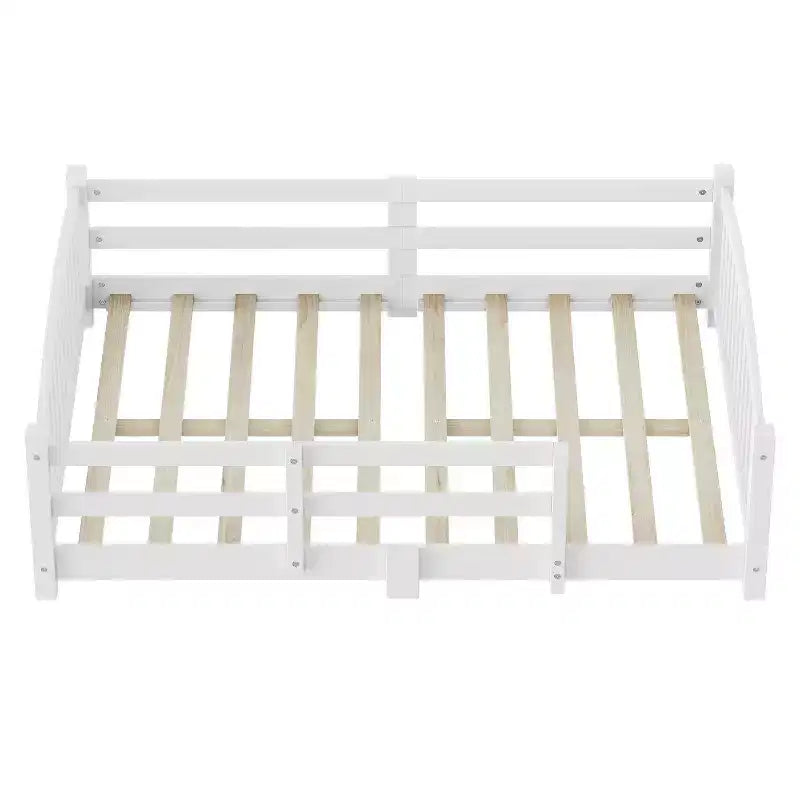 Lit Montessori bas Luxystar, taille grand lit, avec barrières de sécurité et tête de lit