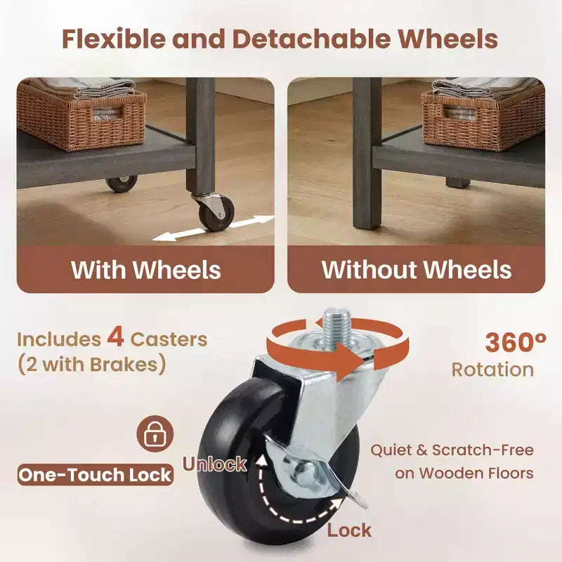 Desserte de cuisine à roulettes avec plateau en marbre, îlot de cuisine en bois massif à 2 tiroirs, chariot de cuisine à 3 niveaux avec roulettes amovibles verrouillables et porte-serviette