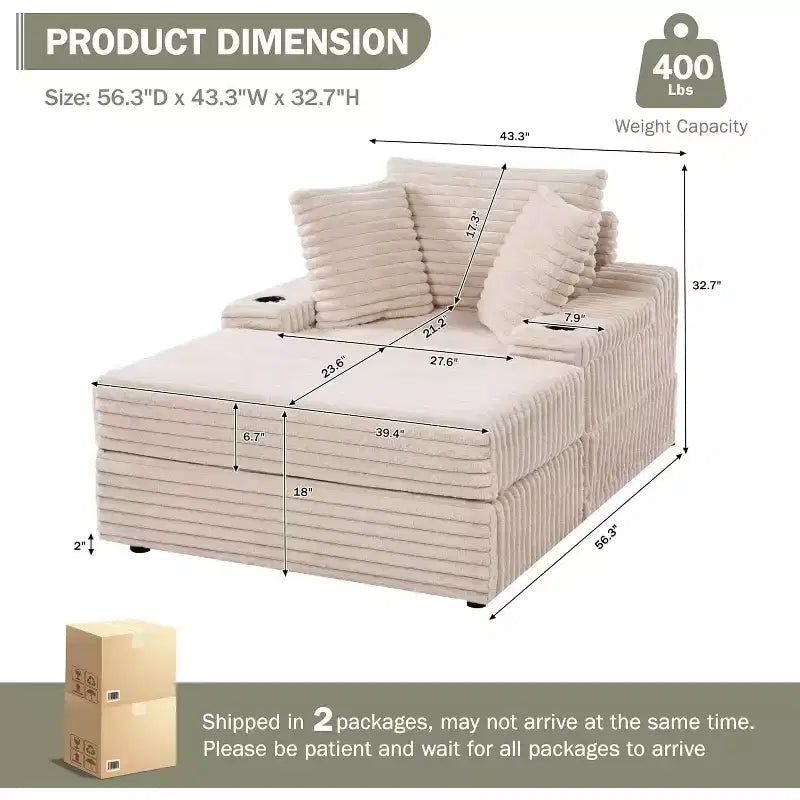 Grande chaise longue d’intérieur avec pouf de rangement, canapé-lit nuage en velours côtelé rembourré avec 3 coussins, fauteuil convertible une place