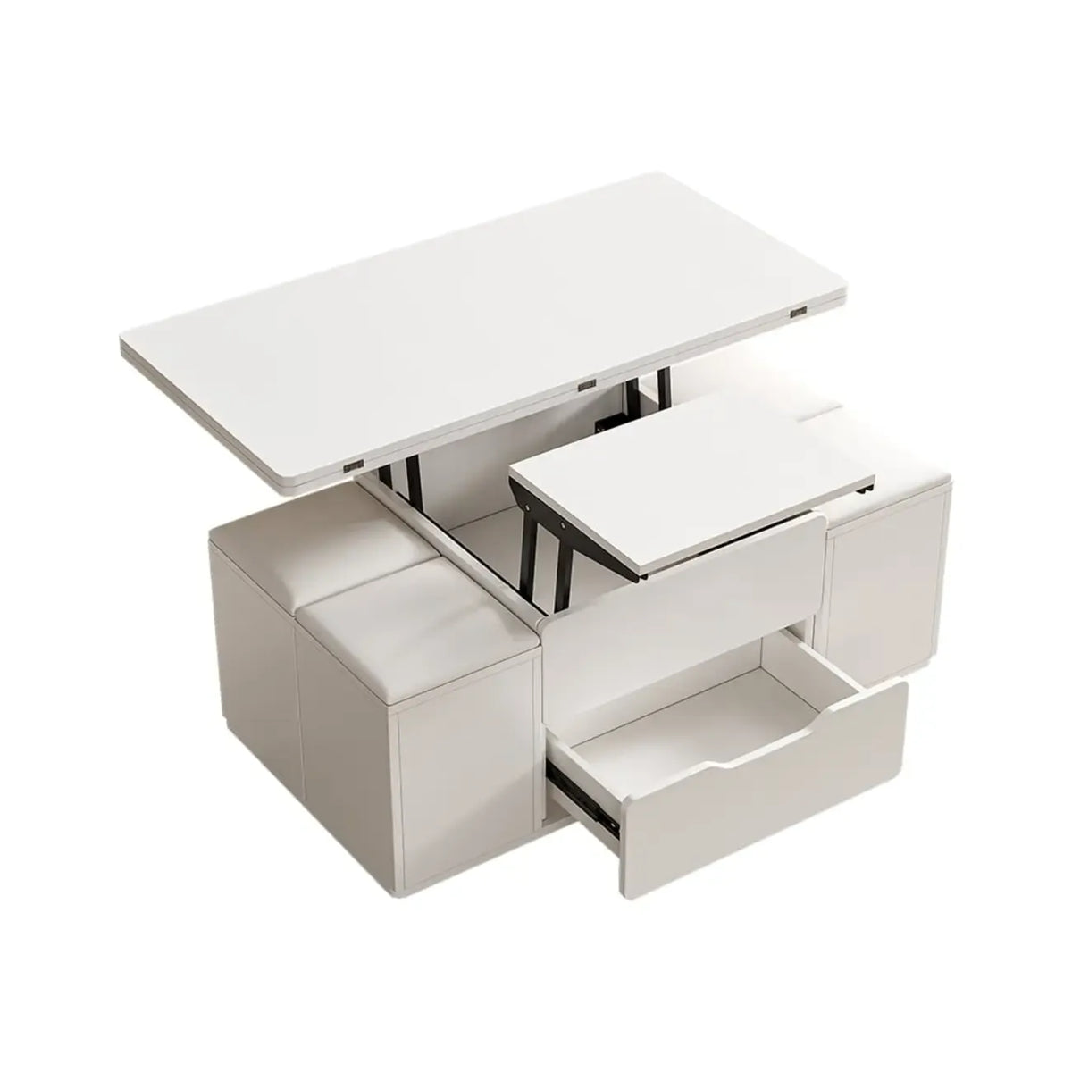 Klappbarer Couchtisch mit Hubplatte, 4 Hockern und Stauraum