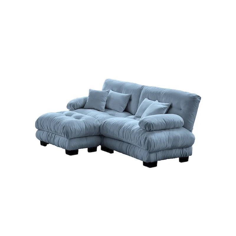 Narożna sofa dwuosobowa w kształcie litery L z tapicerką chenille i poduszkami lędźwiowymi