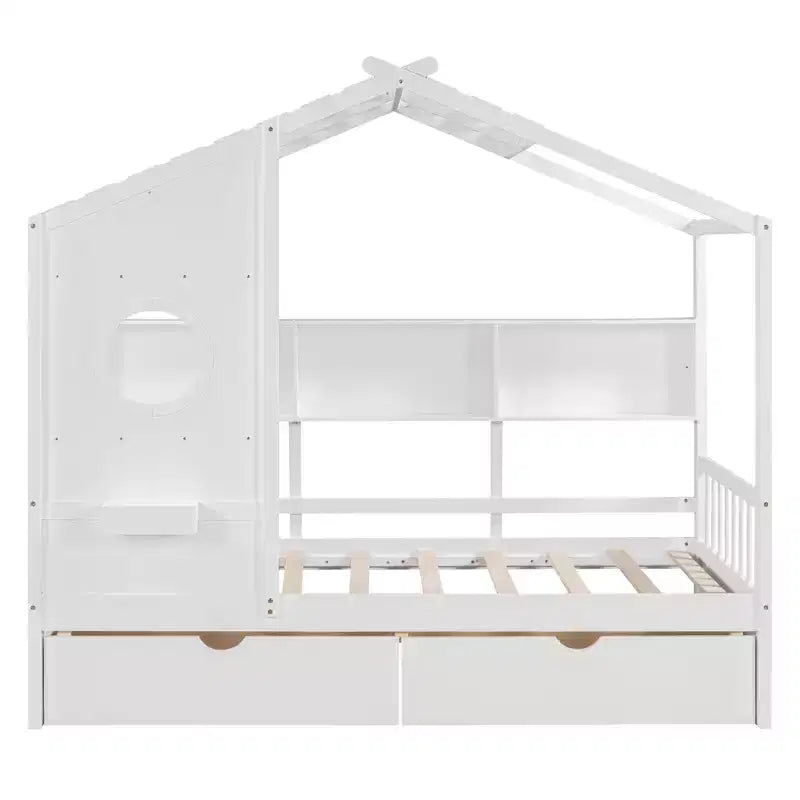 Holzhausbett in Twin-/Full-Size mit 2 Schubladen, Kinderbett mit Ablagefach - ModernLuxe