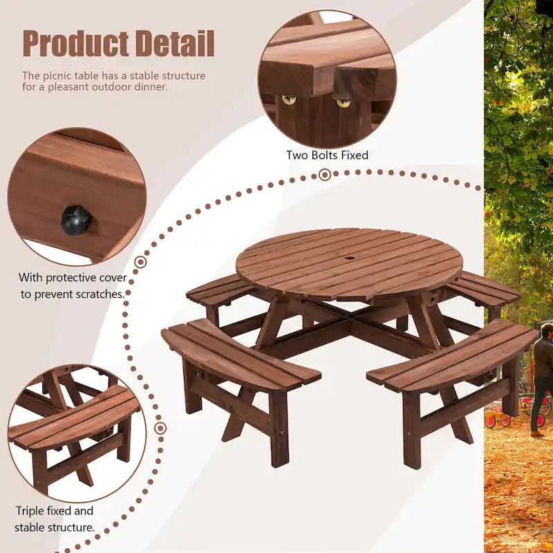Rundes Picknickset aus Douglasienholz für 8 Personen für Terrasse und Garten, mit 4 integrierten Bänken und Schirmloch