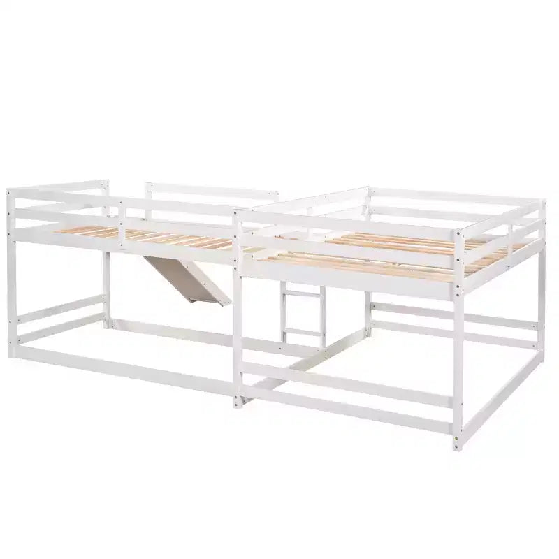 L-vormig stapelbed voor 4 kinderen, stapelbed voor vier met glijbaan, eenpersoonsbed en tweepersoonsbed, houten frame voor slaapkamer of studentenhuis