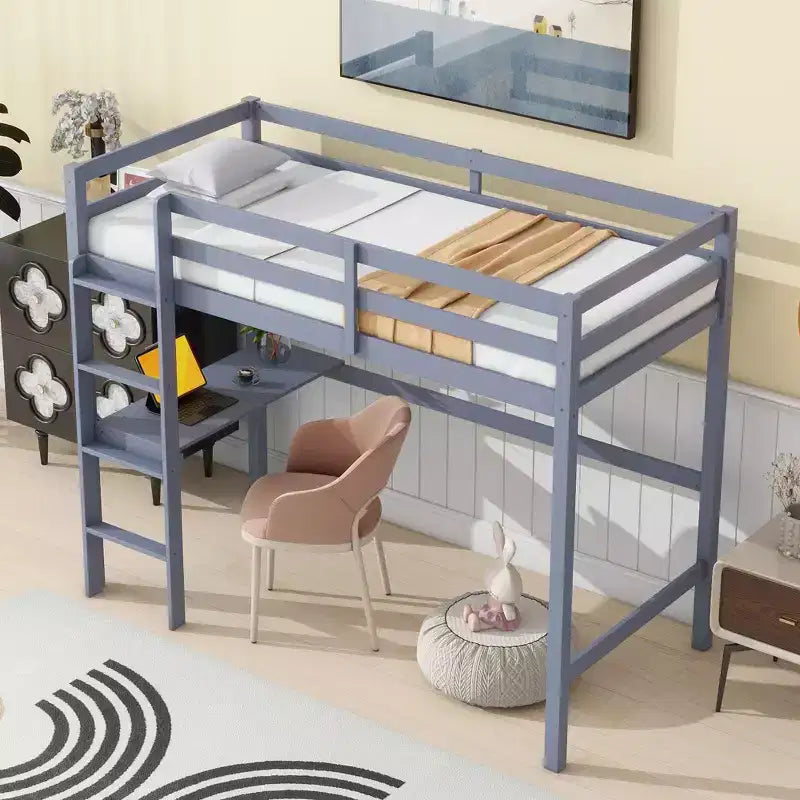 Okak minimalistisches Hochbett mit Leiter, Hochbett für Einzelbettmatratze aus Gummibaumholz mit Sicherheitsgeländer und eingebautem Schreibtisch, Bettgestell für Kinder und Jugendliche