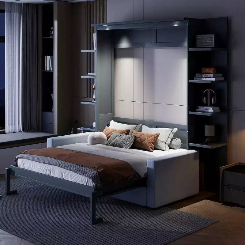 Murphy-Wandbett in Queen-Size mit Holzrahmen, modernem Design, Sofa und Regalen von Whisen