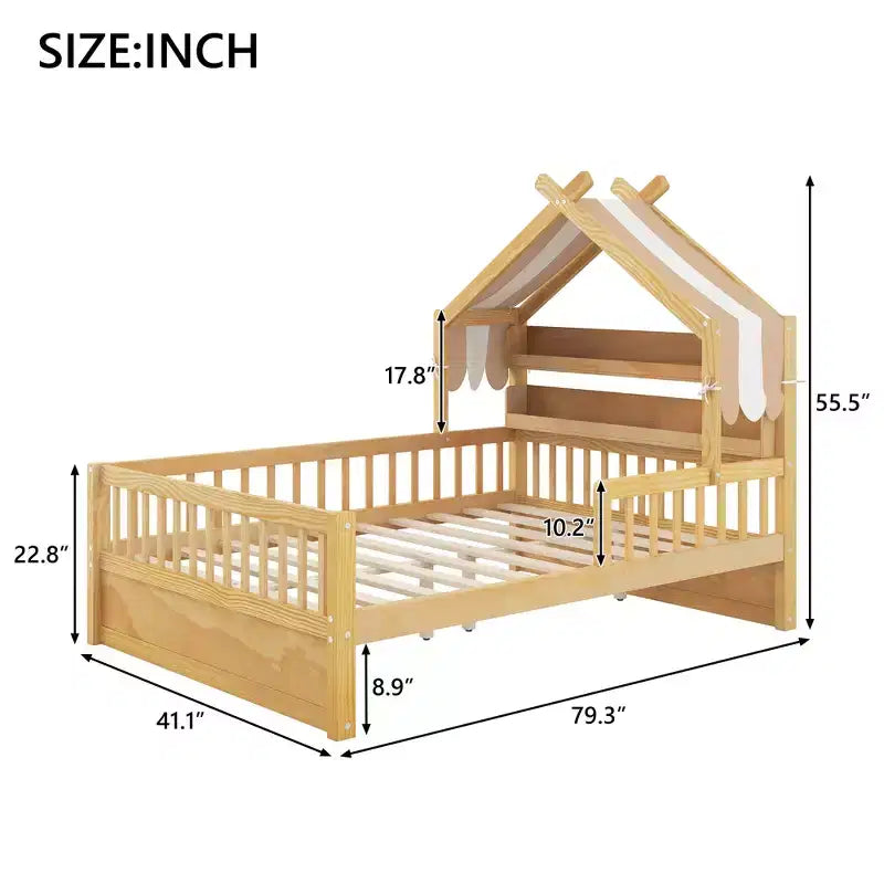 ModernLuxe Holzhüttenbett in Twin-/Full-Größe mit Stauraum-Kopfteil, Kinderbettgestell aus massivem Kiefernholz mit Schutzgittern