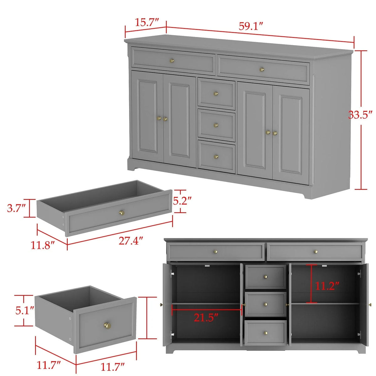 59.1' Sideboard, weiß, Mid-Century-Modern-Stil, zeitgenössisches Design, lackiert
