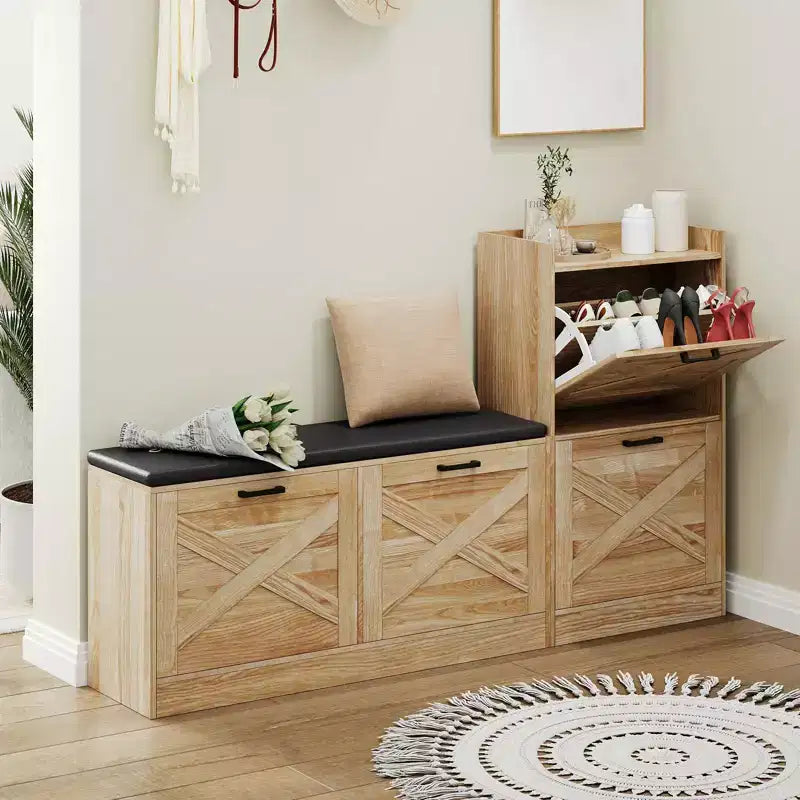 Schuhschrank im Landhausstil, Flurbank aus Holz mit 4 Klappschubladen, schmaler, versteckter Schuhorganizer, freistehendes Schuhregal für Flur und Eingangsbereich