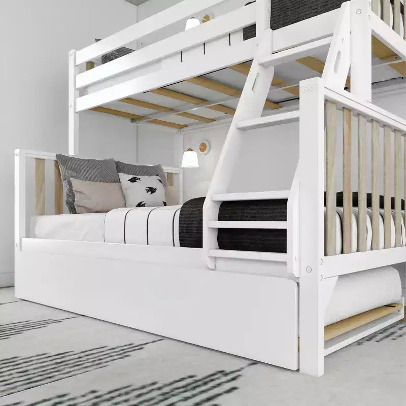 Max & Lily Etagenbett, oben Einzelbett und unten Doppelbett, mit Ausziehbett, aus Massivholz im skandinavischen Stil für Kinder