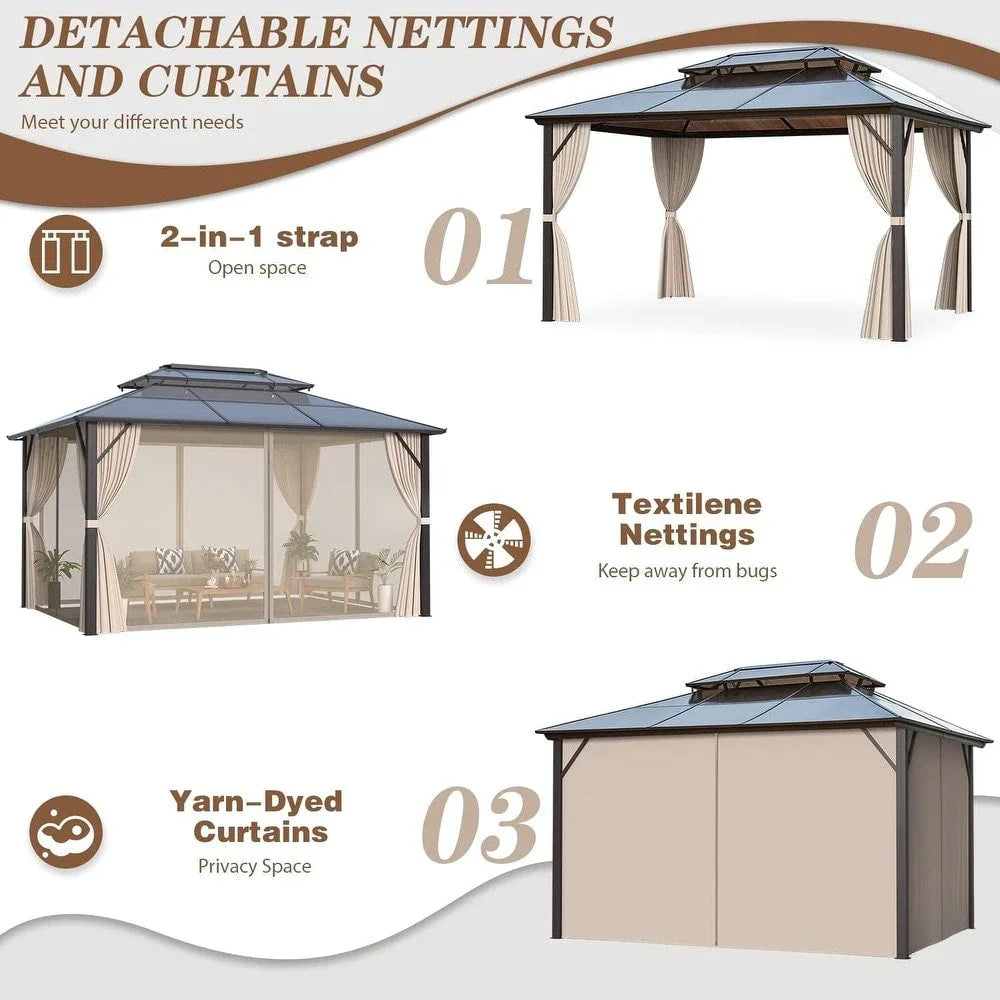 EROMMY Pavillon mit festem Dach, Pergola für den Außenbereich mit Doppeldach, Moskitonetz und Vorhängen, strapazierfähiges Sonnendach für Terrasse, Garten und Poolpartys