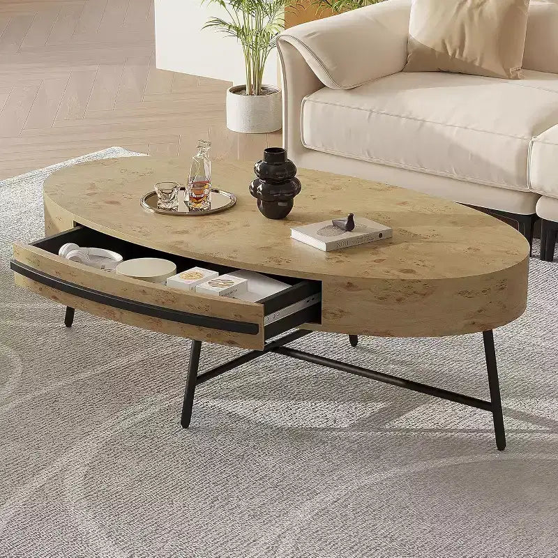 Acekool ovaler Couchtisch mit Schublade, 47.2, Holztisch mit Stauraum und gekreuzten Metallbeinen, moderner Mid-Century-Couchtisch in Naturfarben und goldenem Weidenholz