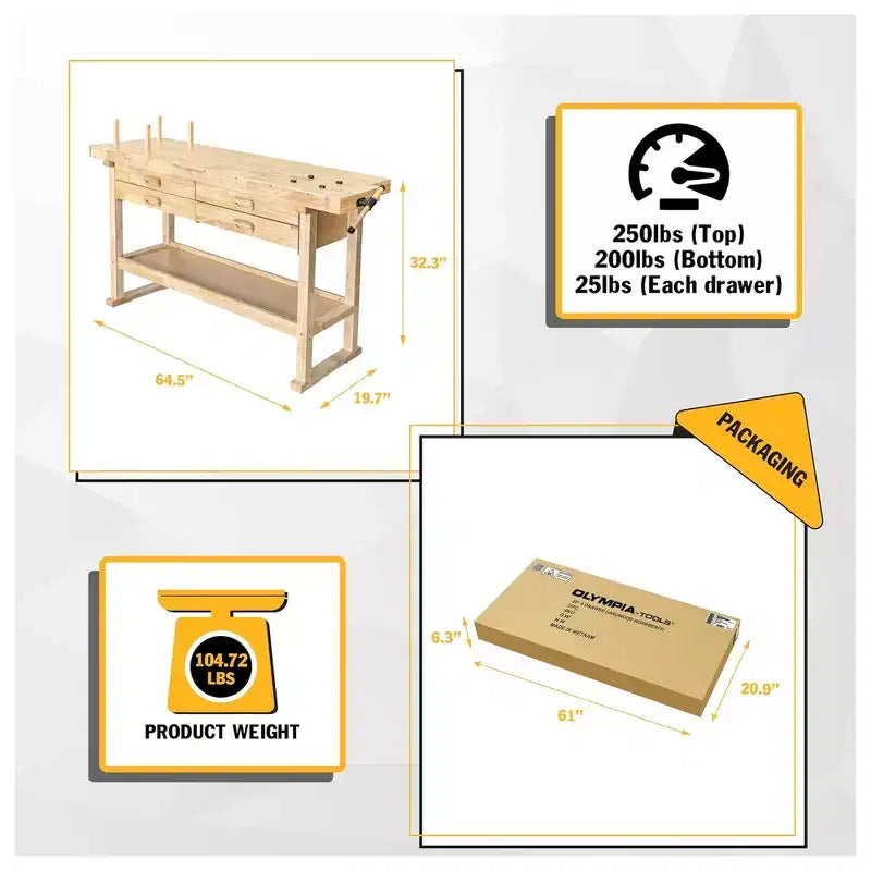 Olympia Tools-werkbank van 60 rubberhout, 4 lades, draagvermogen van 450 lbs