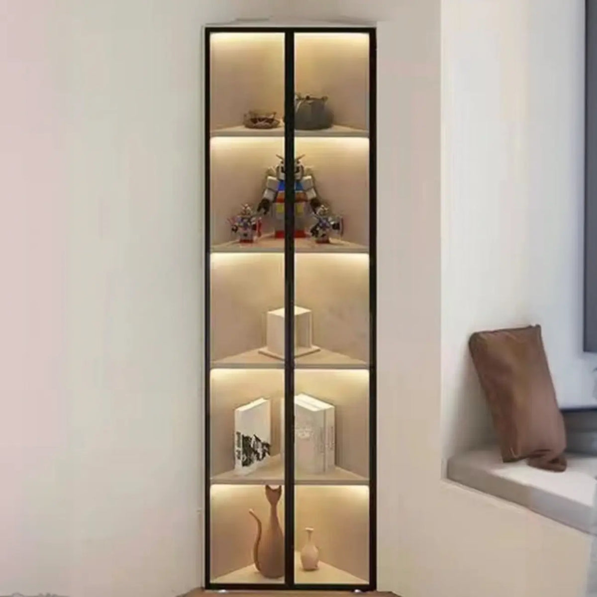 Moderne grijze metalen houten hoekvitrinekast met glazen deur