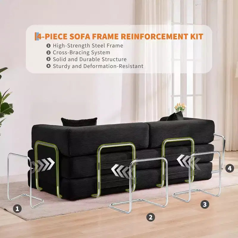 Canapé-lit, matelas pliant 5 en 1 de 78.8, canapé ou causeuse, cadre en acier à forme fixe, velours côtelé avec oreillers