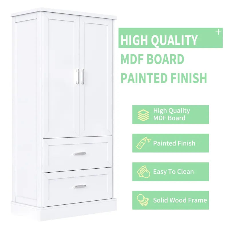 Armoire de rangement haute pour salle de bains avec deux portes et tiroirs, étagère réglable, panneau MDF