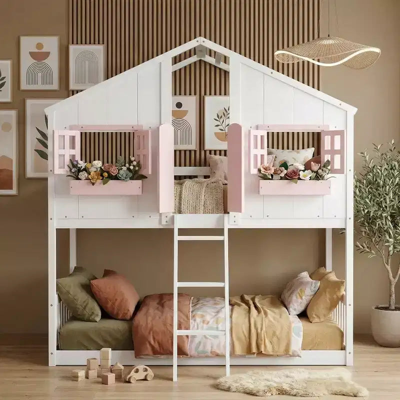 Hoogslaper in huisvorm voor een eenpersoonsbed, houten speelhuis-hoogslaper met ladder en veiligheidsleuningen voor kinderen