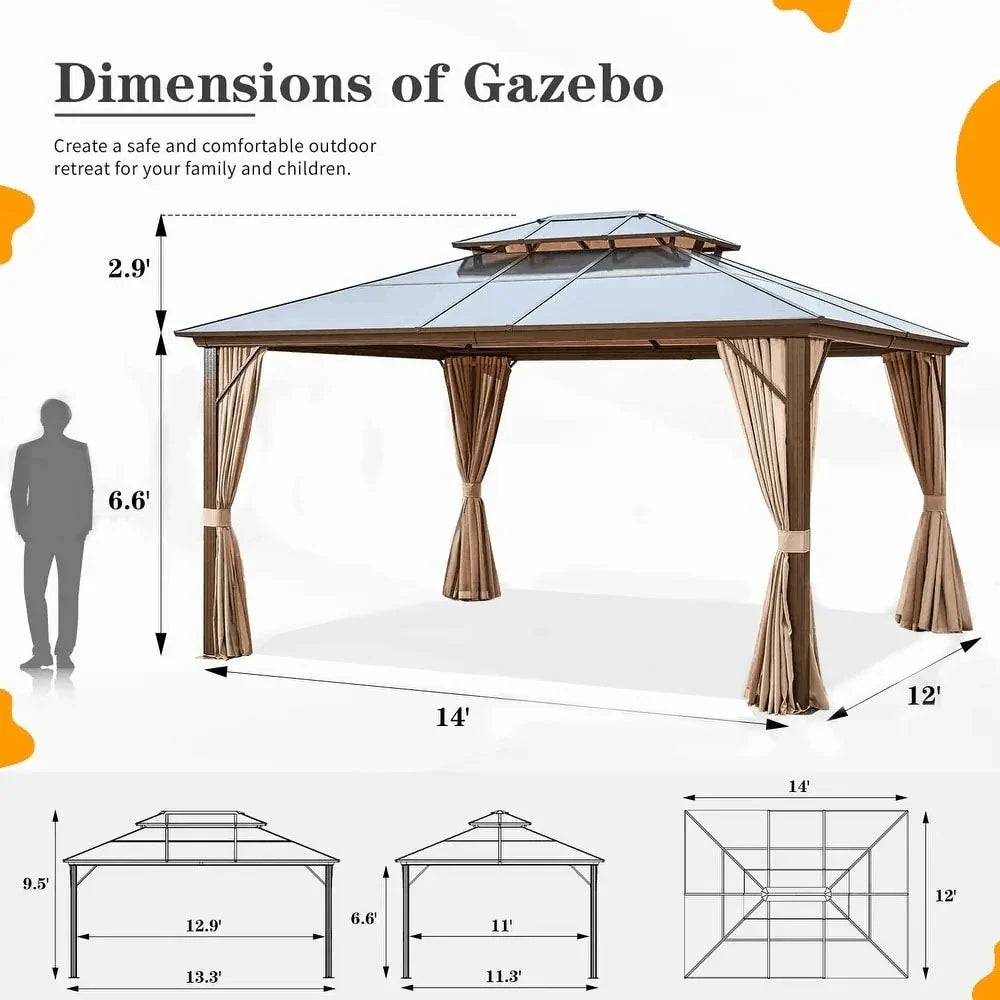 EROMMY Pavillon mit festem Dach, Pergola für den Außenbereich mit Doppeldach, Moskitonetz und Vorhängen, strapazierfähiges Sonnendach für Terrasse, Garten und Poolpartys