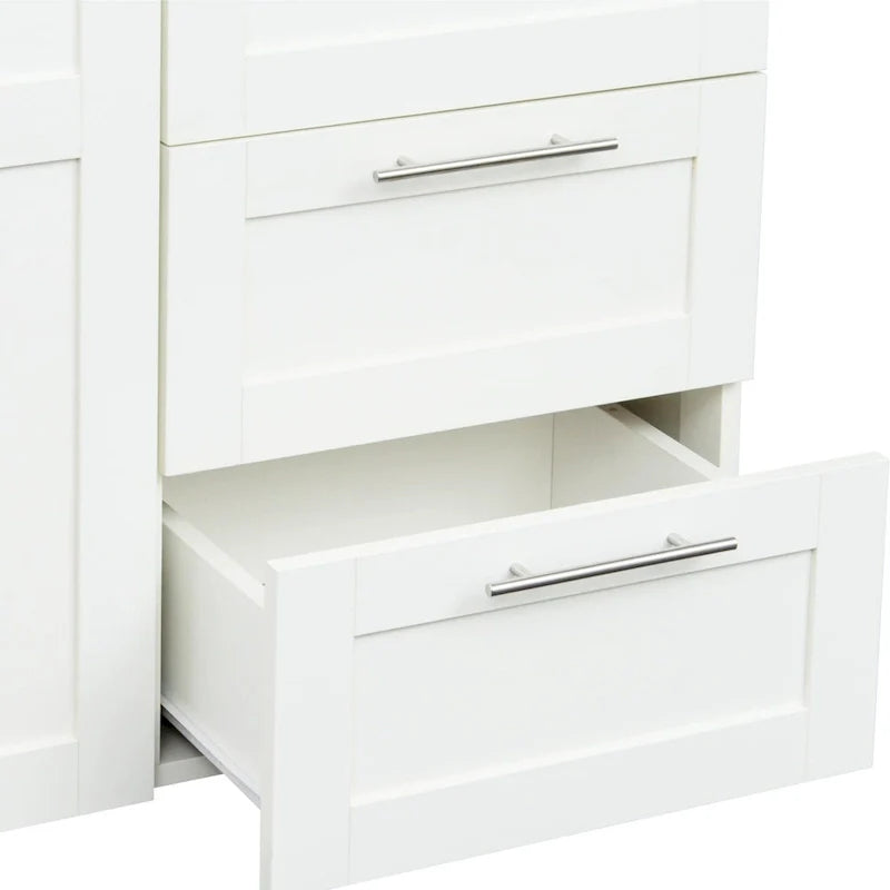 Weißer Kleiderschrank aus Holz mit Türen, Schubladen und Kleiderstange