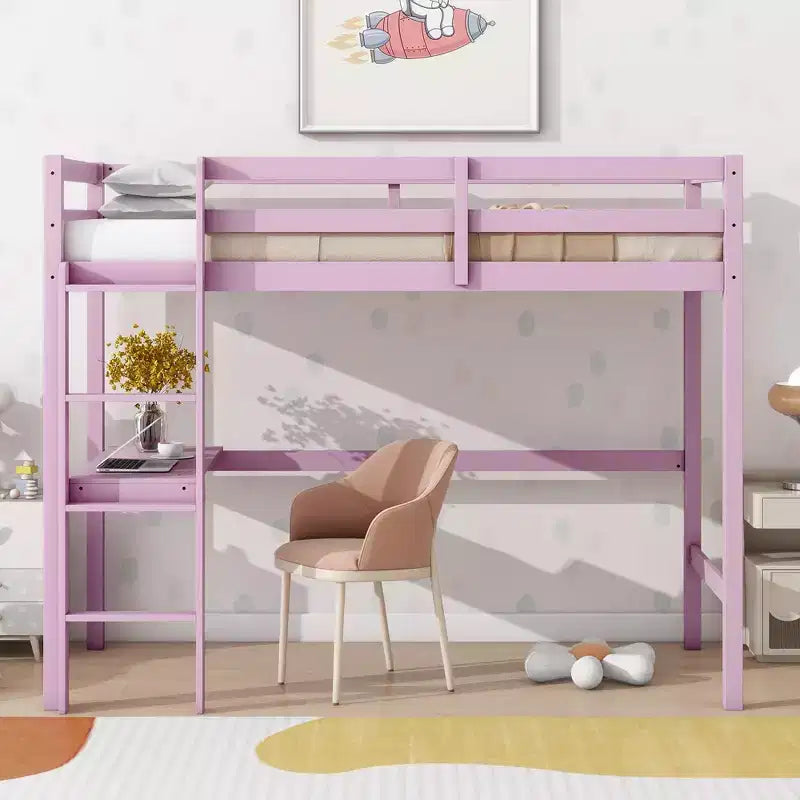 Lit mezzanine minimaliste Okak avec échelle, lit mezzanine pour lit simple en bois d’hévéa avec garde-corps de sécurité et bureau intégré, cadre de lit pour enfants et adolescents