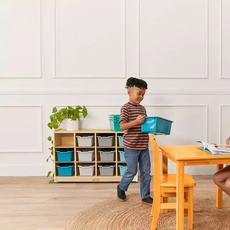 Meuble mobile à casiers avec plateau et 15 bacs à façade incurvée, 3x4, mobilier pour enfants
