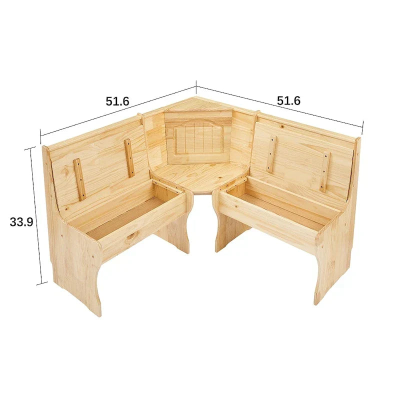 MUSEHOMEINC Frühstücksecke im traditionellen Stil, 3-teiliges Essgruppen-Set aus Massivholz mit Seitenbank und Esstisch mit verstecktem Stauraum