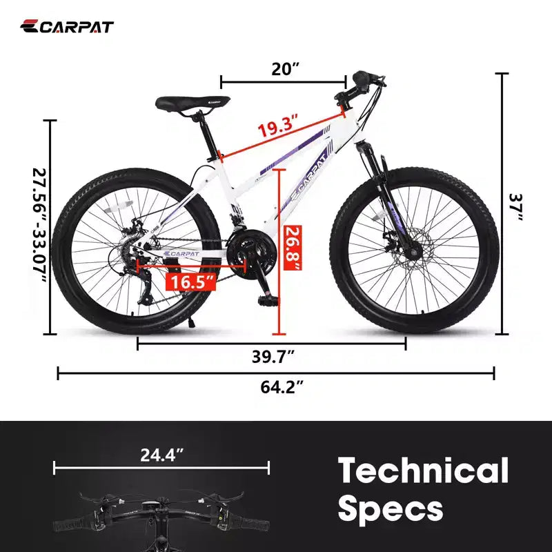 Vélo de montagne Okak 24/26IN avec 21 vitesses et freins à double disque, vélo pour enfants avec suspension avant de 100 mm, vélo tout-terrain pour adolescents et femmes