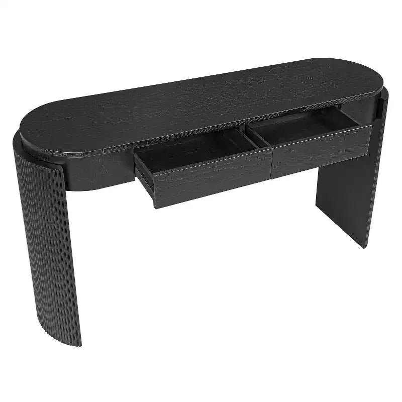 Table console moderne Merax à plateau ovale, avec pieds incurvés cannelés et deux tiroirs dissimulés