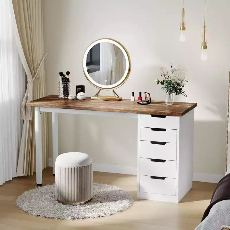 Bureau d’ordinateur de 47 pouces avec 5 tiroirs de rangement, table d’étude et d’écriture réversible au style rustique moderne, poste de travail pour bureau à domicile et petits espaces