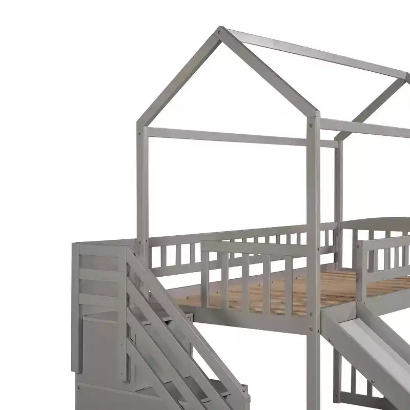 Hochbett in Hausform für Einzelbetten mit Rutsche und Treppe, Hochbett mit Schubladen, Holzhütten-Hochbett für Kinder und Kleinkinder