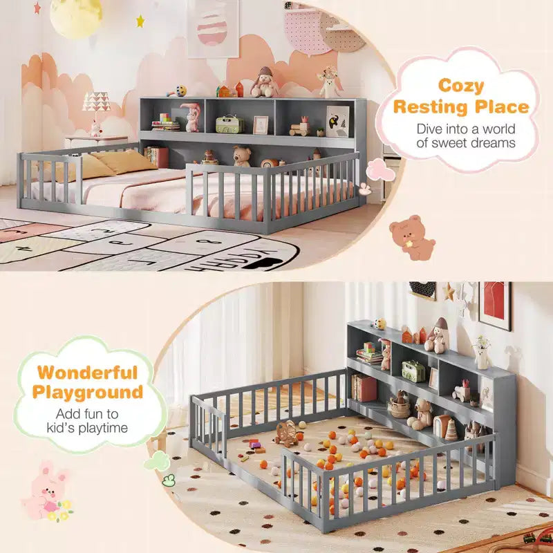 Łóżko podłogowe Montessori Twin/Full z półkami na książki i barierkami zabezpieczającymi, białe/szare