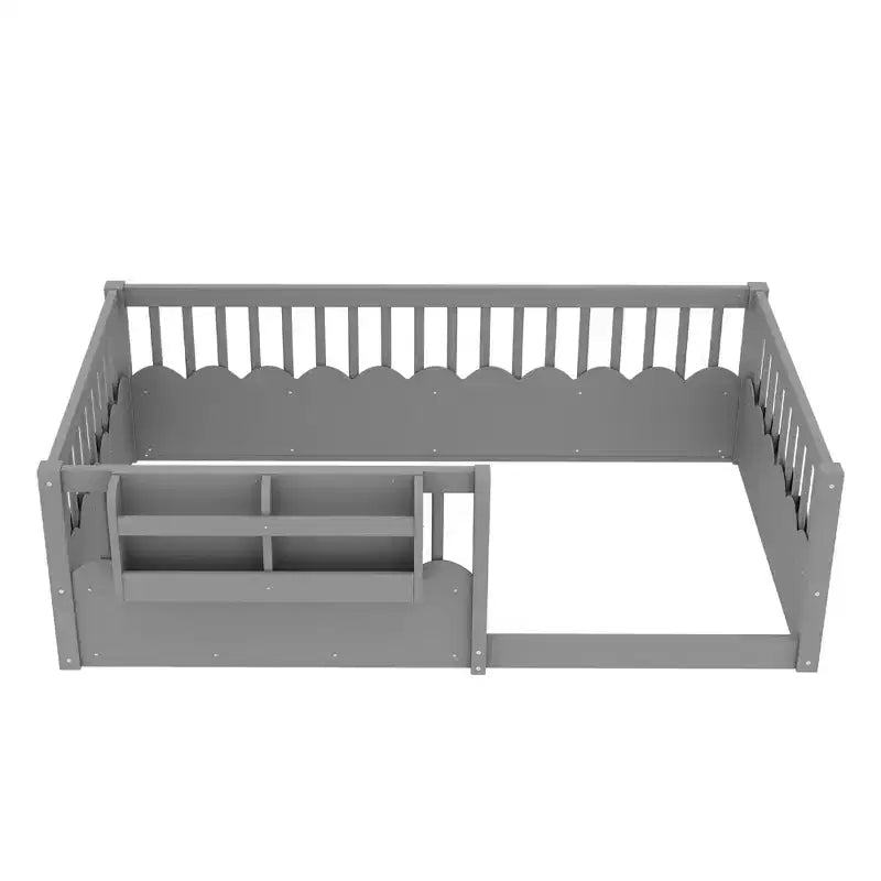 Lit au sol pour enfant Bellemave avec barrières surélevées et bibliothèque, cadre de lit Montessori en bois pour lit simple, pour filles et garçons