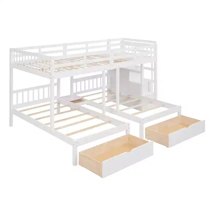 Whisen stapelbed met een twijfelaar boven een eenpersoonsbed en een extra eenpersoonsbed, houten driedubbel stapelbed met laden en valbeveiliging