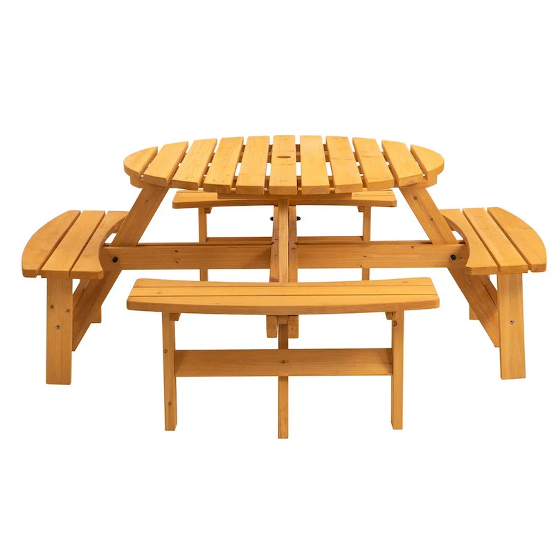 Rundes Picknickset aus Douglasienholz für 8 Personen für Terrasse und Garten, mit 4 integrierten Bänken und Schirmloch