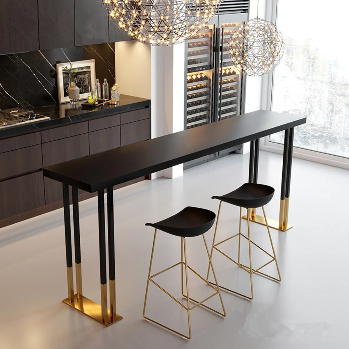 Luxe rechthoekige houten bartafel met gouden sledevoet om aan te dineren
