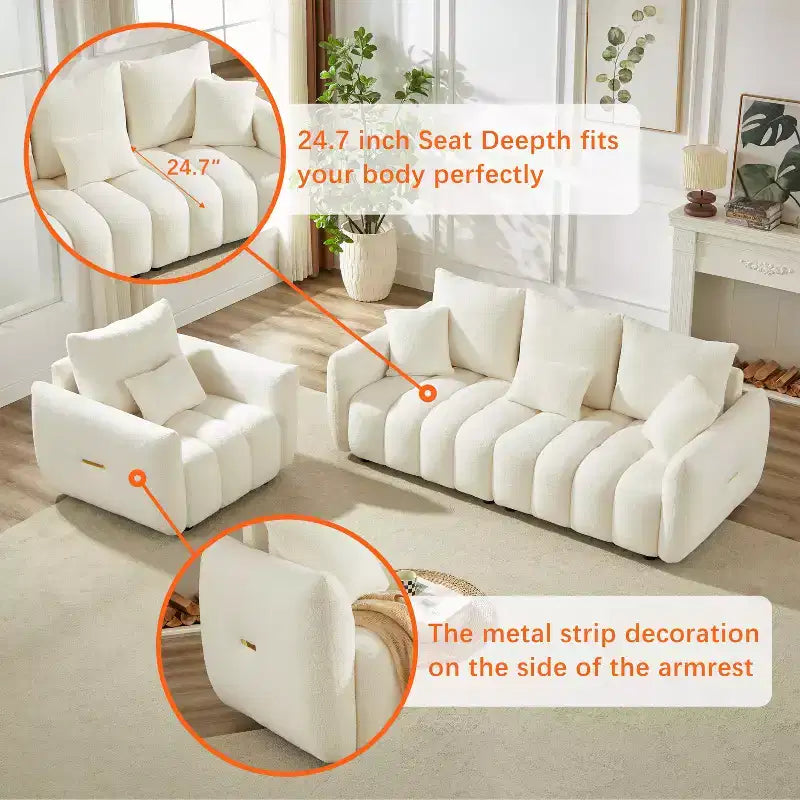 GDFStudio Alanna modernes 3-Sitzer-Sofa mit Teddy-Stoffbezug und Kissen, 79.5
