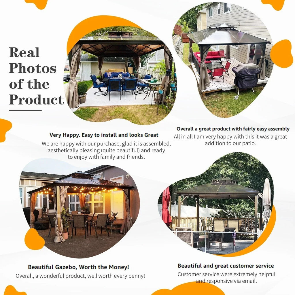 EROMMY Pavillon mit festem Dach, Pergola für den Außenbereich mit Doppeldach, Moskitonetz und Vorhängen, strapazierfähiges Sonnendach für Terrasse, Garten und Poolpartys