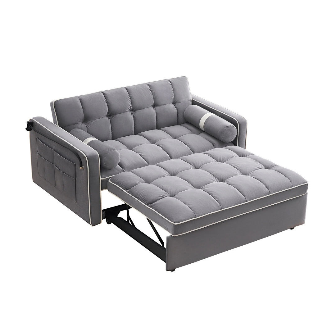 Canapé-lit convertible 2 places en velours de 55', avec lit escamotable, dossier inclinable réglable, poches latérales et support pour téléphone