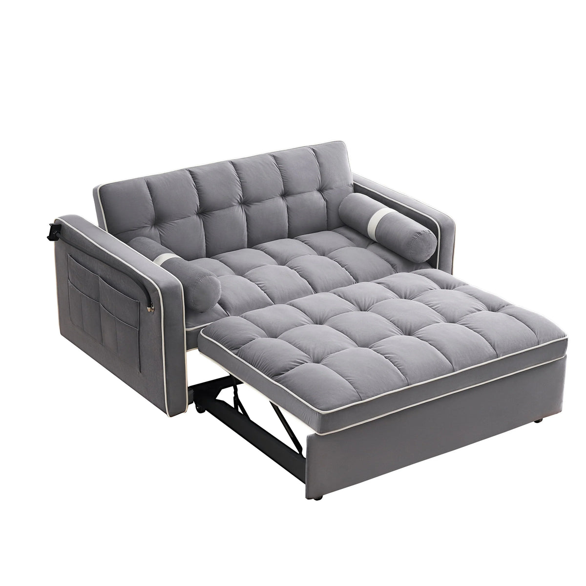 Canapé-lit convertible 2 places en velours de 55', avec lit escamotable, dossier inclinable réglable, poches latérales et support pour téléphone