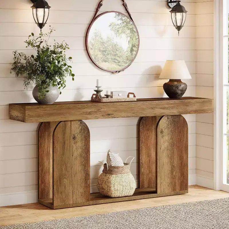 Lantine extra lange landelijke consoletafel van 70.9 inch met houten opbergplank met 2 niveaus, geschikt voor hal, woonkamer en entree, vintagebruin.
