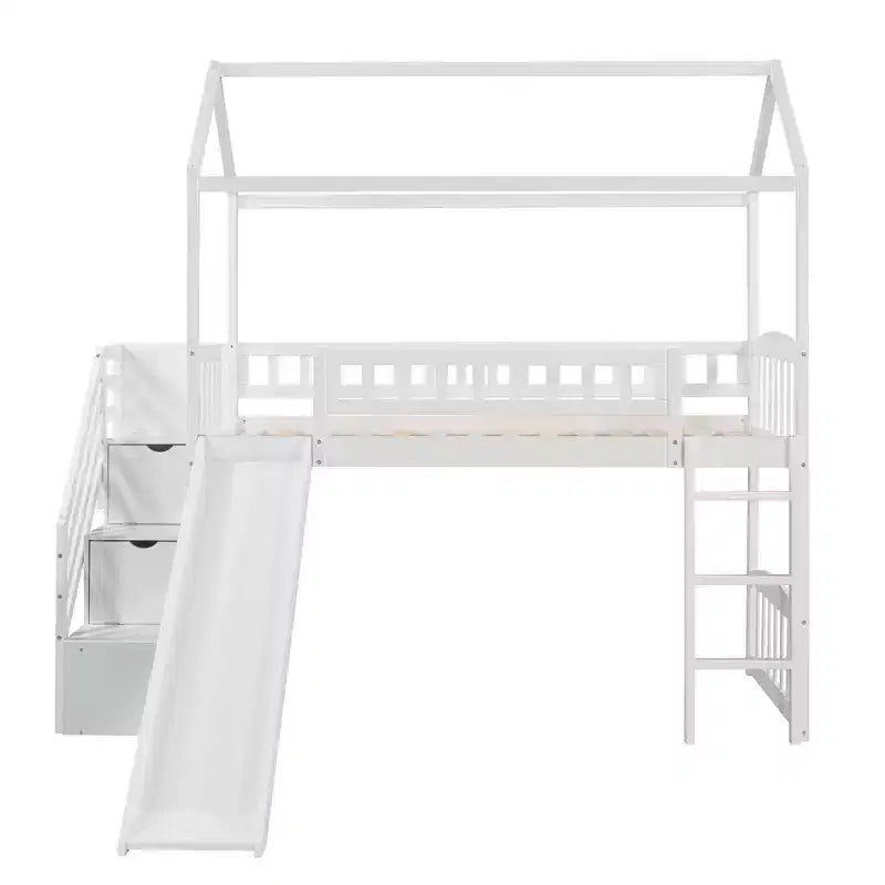Hochbett in Hausform für Einzelbetten mit Rutsche und Treppe, Hochbett mit Schubladen, Holzhütten-Hochbett für Kinder und Kleinkinder