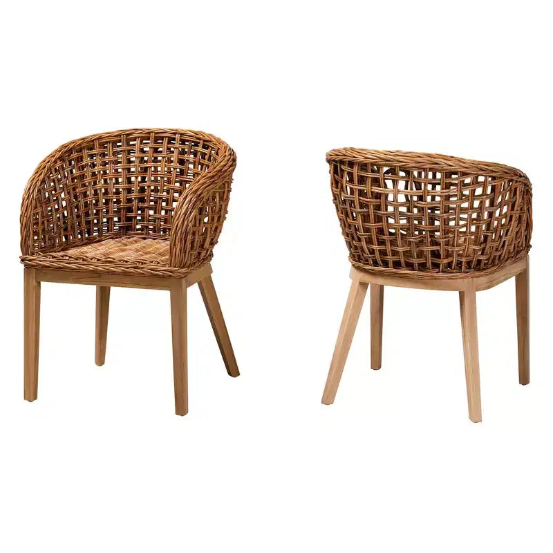 bali & pari Mario moderne bohemien eetkamerstoelen van natuurlijk bruin teakhout en rotan, set van 2
