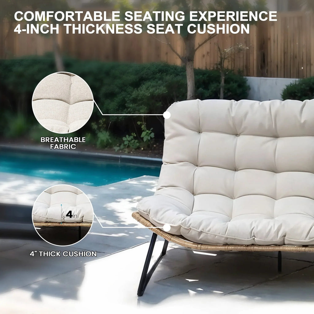 Doppel-Papasan-Sofa mit Sitzkissen, wetterfestes PE-Rattan und Metallgestell für Innen- und Außenbereich